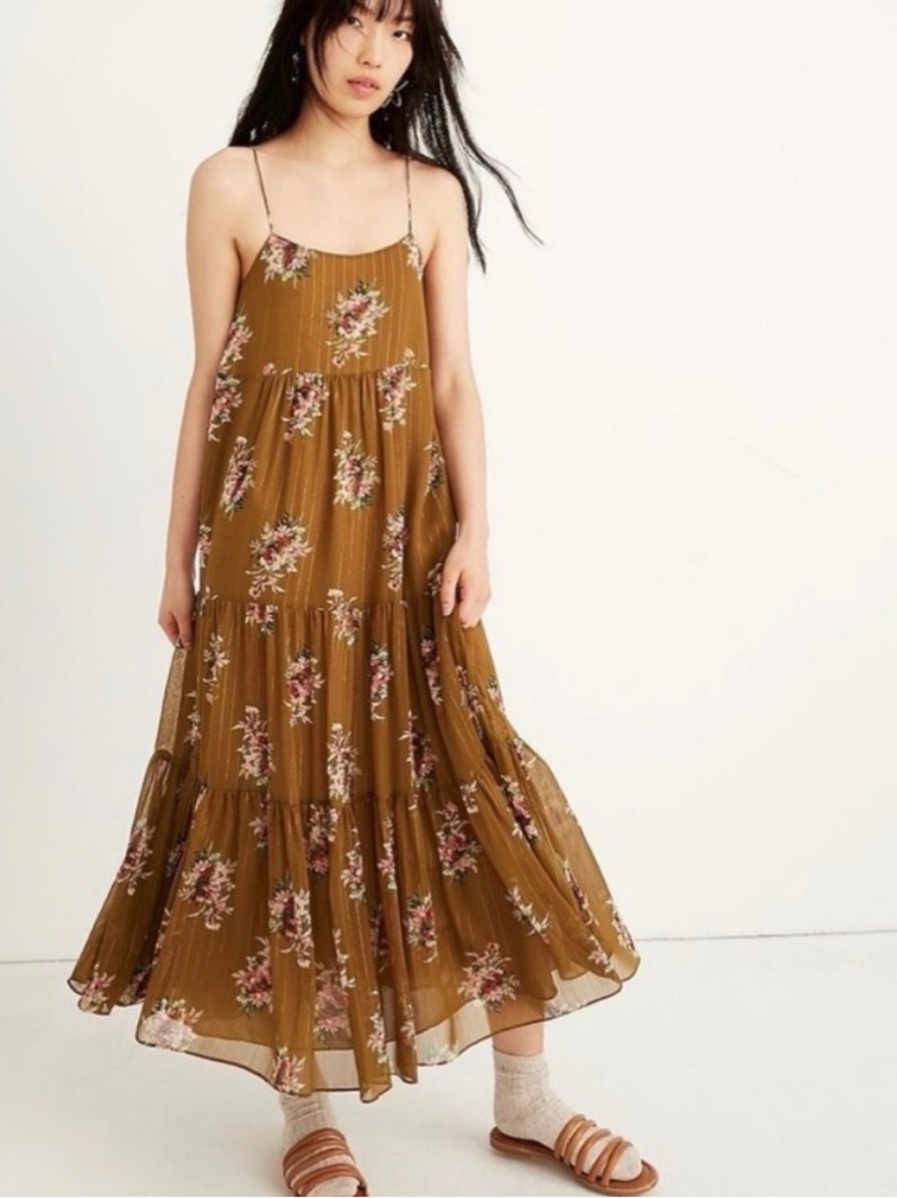 Madewell Metallic Gold Floral Tiered Spaghetti-Strap Maxi Dress